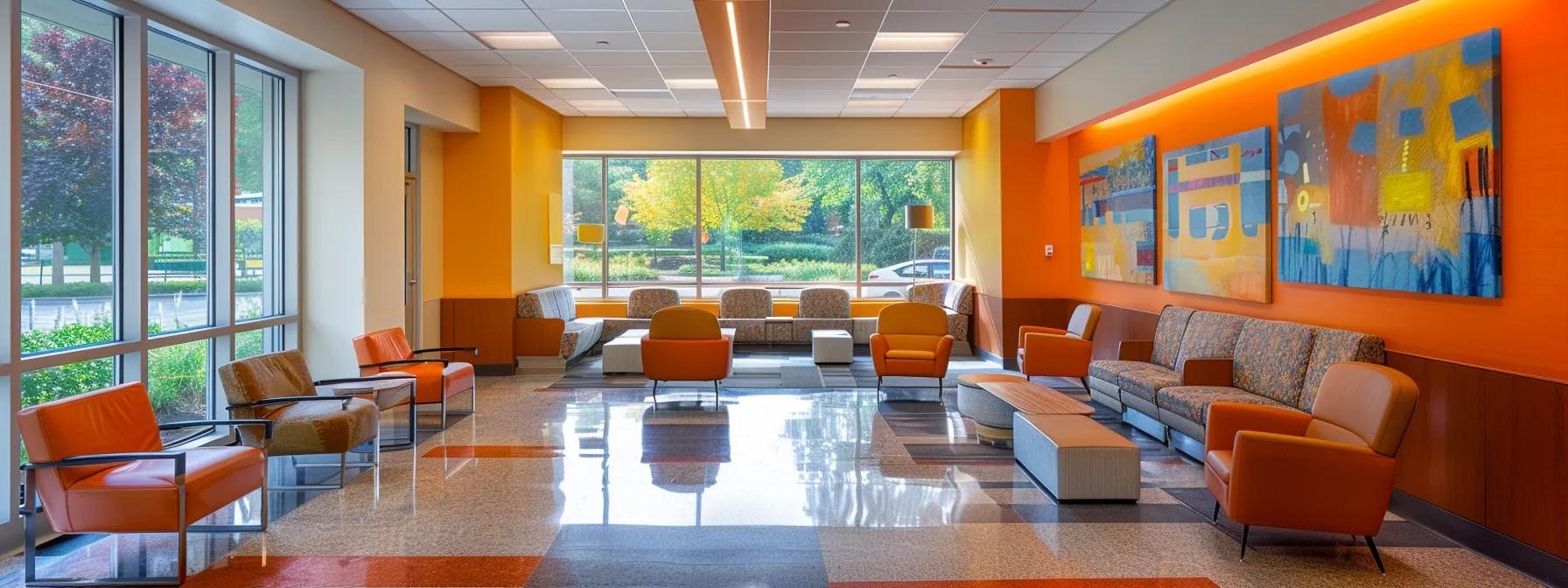a bright and inviting rehabilitation aftercare center in massachusetts features modern design elements and comfortable seating, creating a welcoming atmosphere for patients and families seeking support. a bright and inviting rehabilitation aftercare center in massachusetts features modern design elements and comfortable seating, creating a welcoming atmosphere for patients and families seeking support.