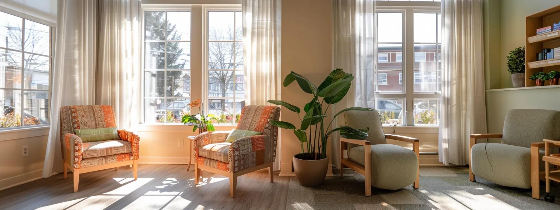 a contemporary, sunlit therapy room in a beautifully designed center in massachusetts, featuring comfortable seating and calming decor, where individuals engage in supportive group discussions as part of a half day intensive outpatient program.