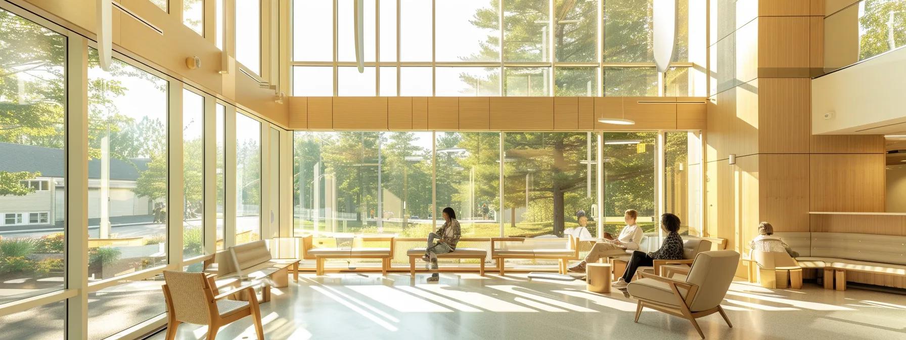 a modern and inviting therapeutic center in massachusetts, featuring a clean, bright, and well-organized interior designed for an engaging half-day iop program, with comfortable seating and inspirational decor that fosters a sense of community and healing.