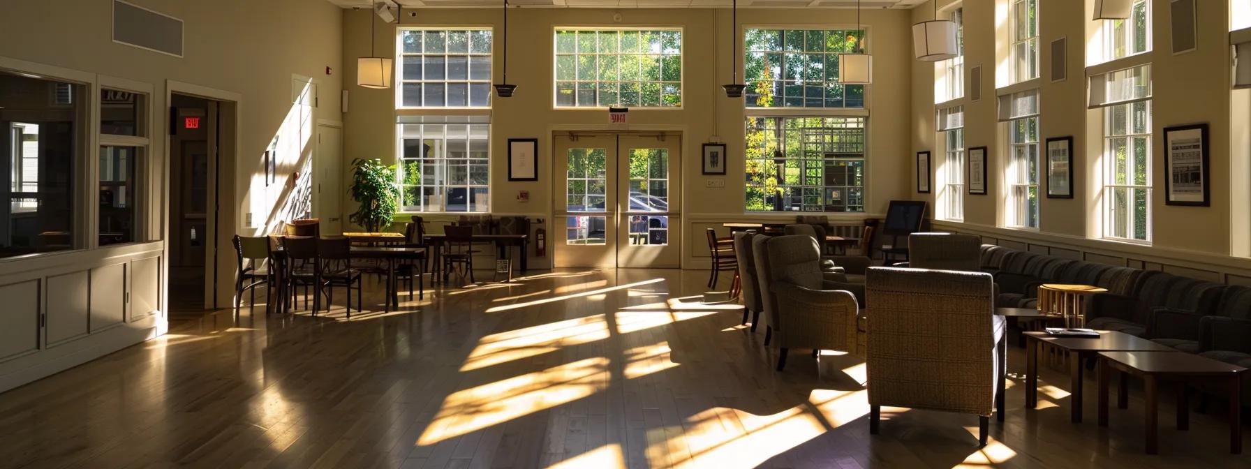 a modern, inviting therapy center in massachusetts showcasing a sunlit, spacious common area where individuals engage in group discussions, illustrating the supportive atmosphere of half-day and full-day iop programs.