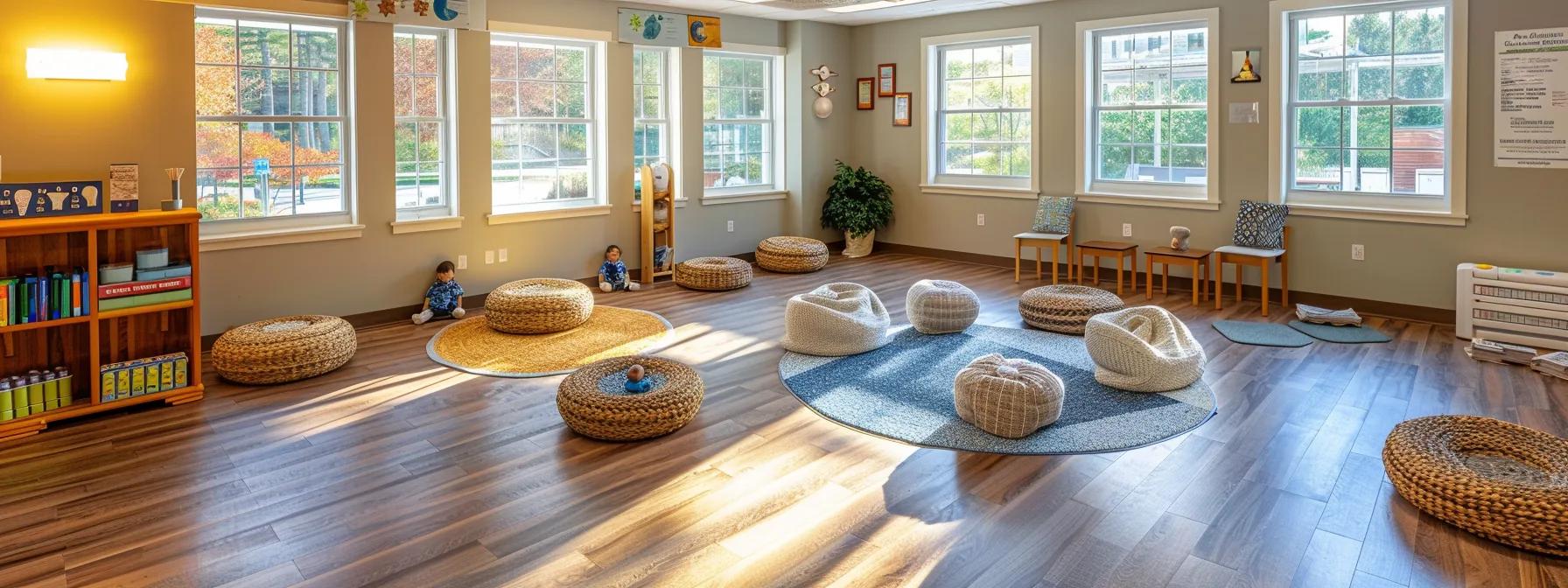 a modern, inviting therapy center in massachusetts features a spacious, well-lit room where diverse individuals engage in supportive group activities, emphasizing collaboration and emotional well-being.