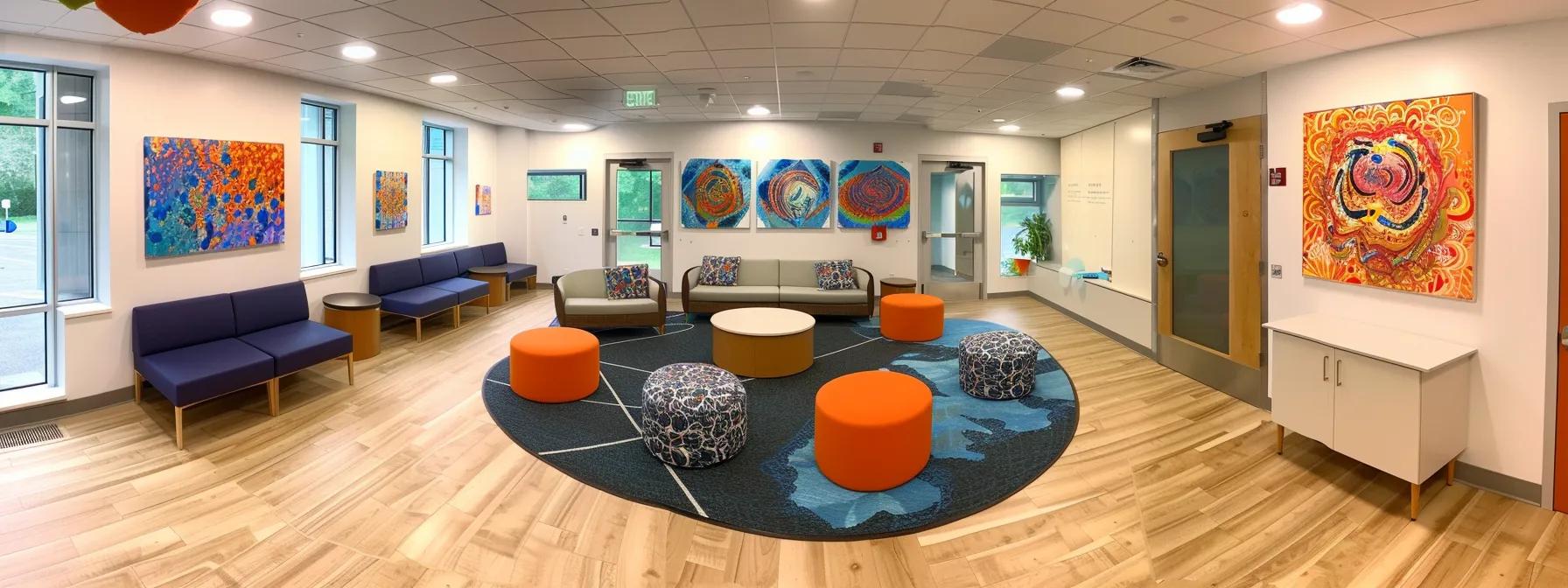 a modern, inviting therapy center in massachusetts with bright, spacious rooms featuring comfortable seating and motivational artwork, symbolizing the supportive environment of a half day intensive outpatient program.