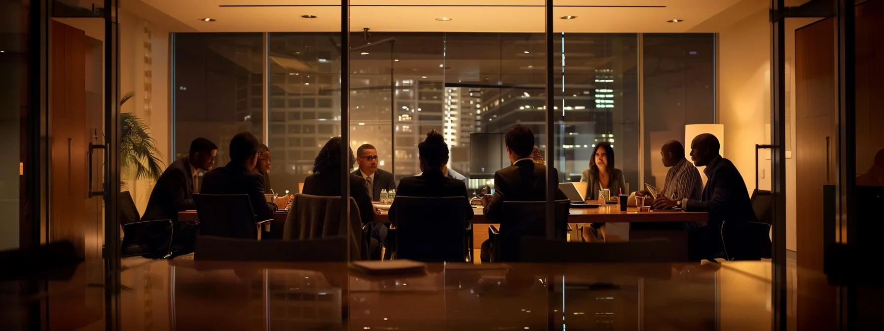 a modern office space in a beautiful center in massachusetts, showcasing a diverse group of professional individuals engaged in a focused discussion about identifying suitable candidates for half-day iop programs, illuminated by soft, ambient lighting.