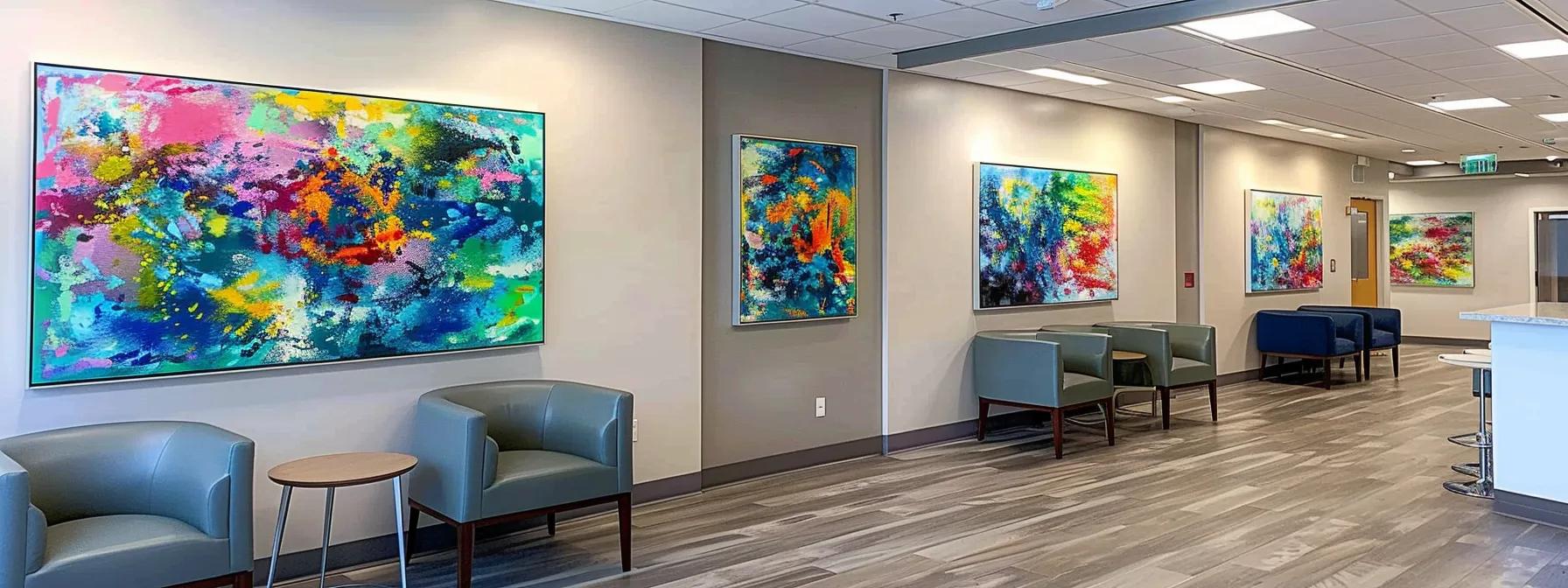 a modern rehabilitation facility lobby in massachusetts, featuring sleek, contemporary furnishings and vibrant artwork, with professionals discussing treatment intensity and support levels for optimal recovery in a bright, inviting atmosphere. Half Day IOP or Full-Day Programs | Strength Recovery Center | Addiction Treatment and Drug Rehab in MA | Day Treatment PHP IOP OP and Detox