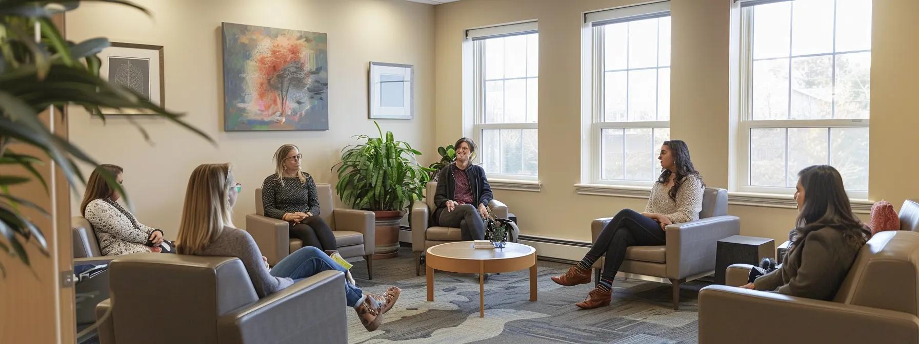 a serene and inviting recovery room filled with supportive individuals engaged in a heartfelt group therapy session, showcasing the essence of compassionate addiction treatment in a massachusetts facility. a serene and inviting recovery room filled with supportive individuals engaged in a heartfelt group therapy session, showcasing the essence of compassionate addiction treatment in a massachusetts facility.