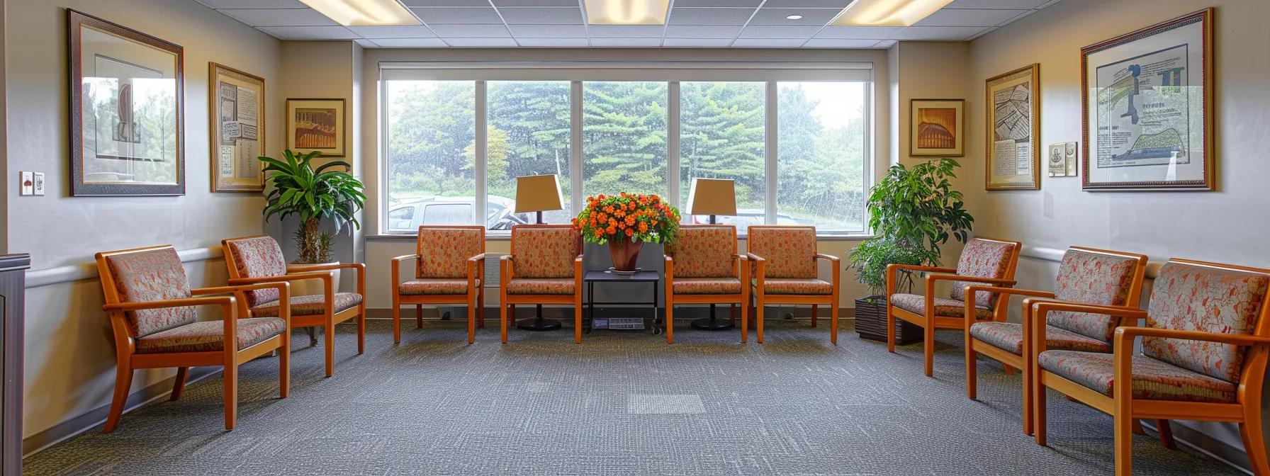 a sleek, modern counseling center in massachusetts, featuring a warm and inviting waiting area with contemporary furnishings, where individuals reflect on the potential challenges of half-day iop programs in a calm, professional environment.
