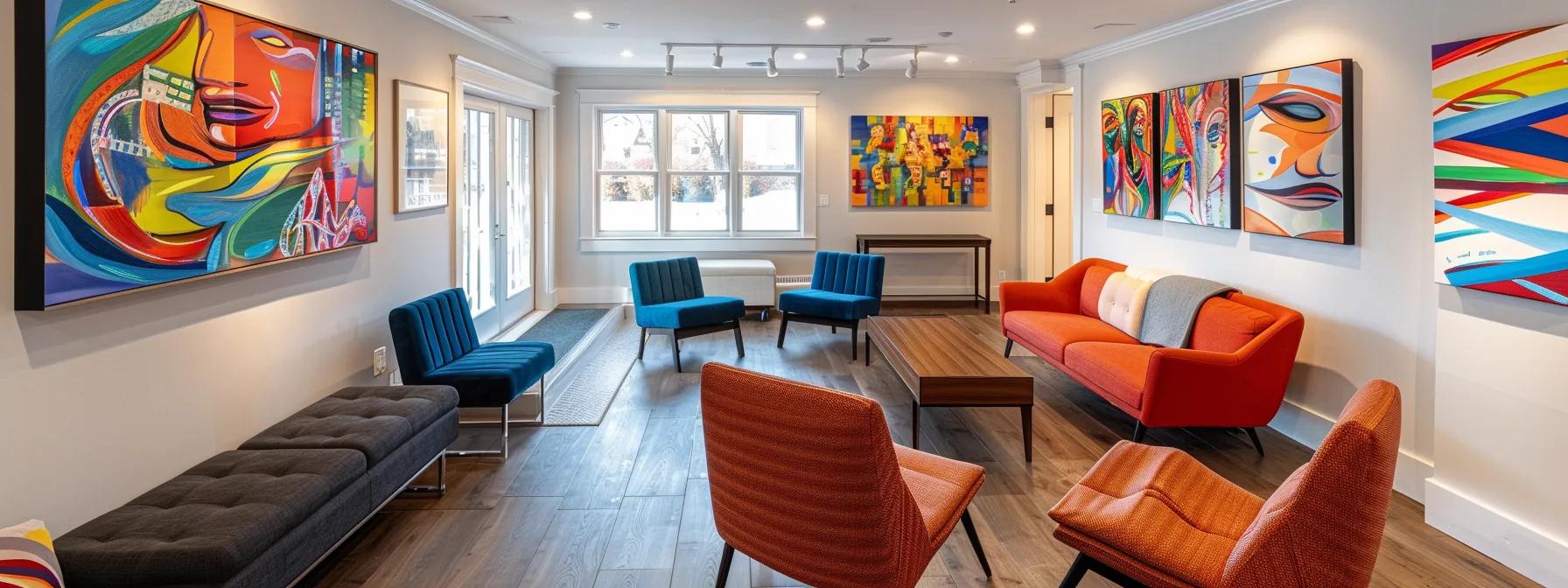 Key Points About Insurance for Half Day IOP Treatment in MA | a sleek, modern treatment center in massachusetts showcases a welcoming reception area, with vibrant artwork on the walls and comfortable seating, symbolizing the professionalism and compassion of half-day iop treatment options covered by insurance.