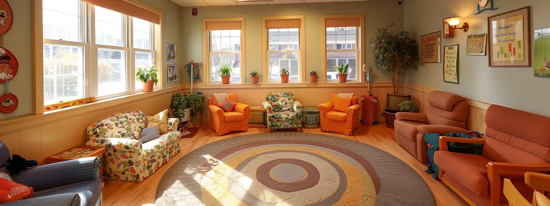 a warm, inviting family counseling room in a massachusetts center, featuring comfortable seating and a welcoming atmosphere, emphasizes the importance of family involvement in intensive outpatient programs.