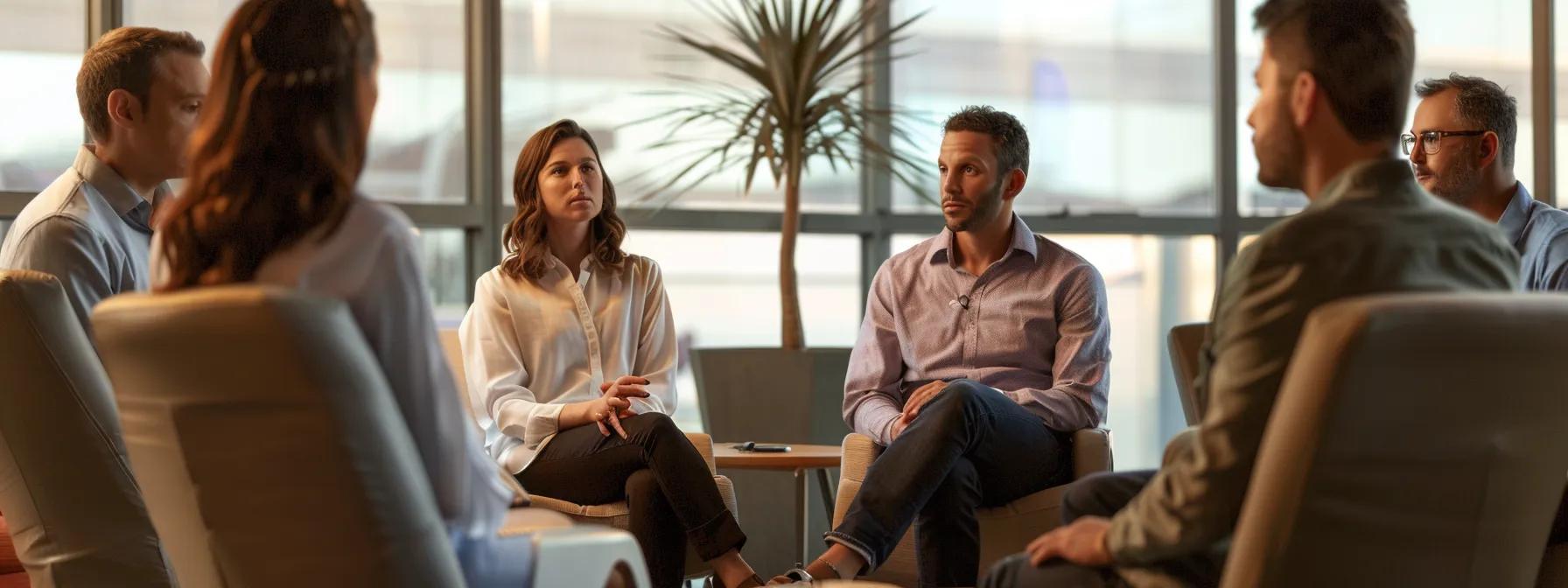 a focused group therapy session unfolds in a modern massachusetts office, with individuals engaged in deep conversation under warm, ambient lighting that emphasizes the support and unity of addiction recovery.
