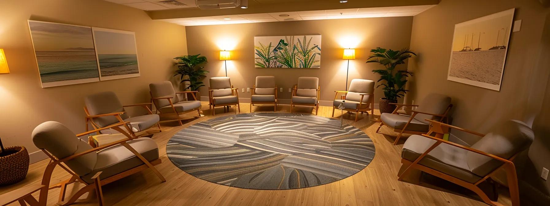 IOP in MA | a serene and inviting group therapy room in massachusetts, featuring comfortable seating arranged in a circle, warm ambient lighting, and motivational artwork on the walls, symbolizing support and healing for addiction treatment.