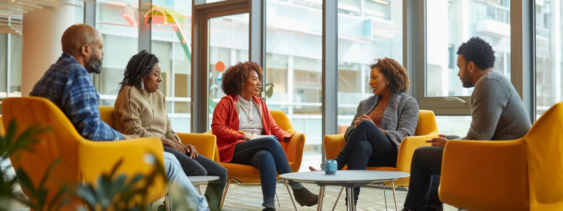 a vibrant group therapy session takes place in a modern, well-lit office space in massachusetts, featuring a diverse circle of individuals engaged in heartfelt dialogue, emphasizing the power of community support in addiction recovery. a vibrant group therapy session takes place in a modern, well-lit office space in massachusetts, featuring a diverse circle of individuals engaged in heartfelt dialogue, emphasizing the power of community support in addiction recovery.