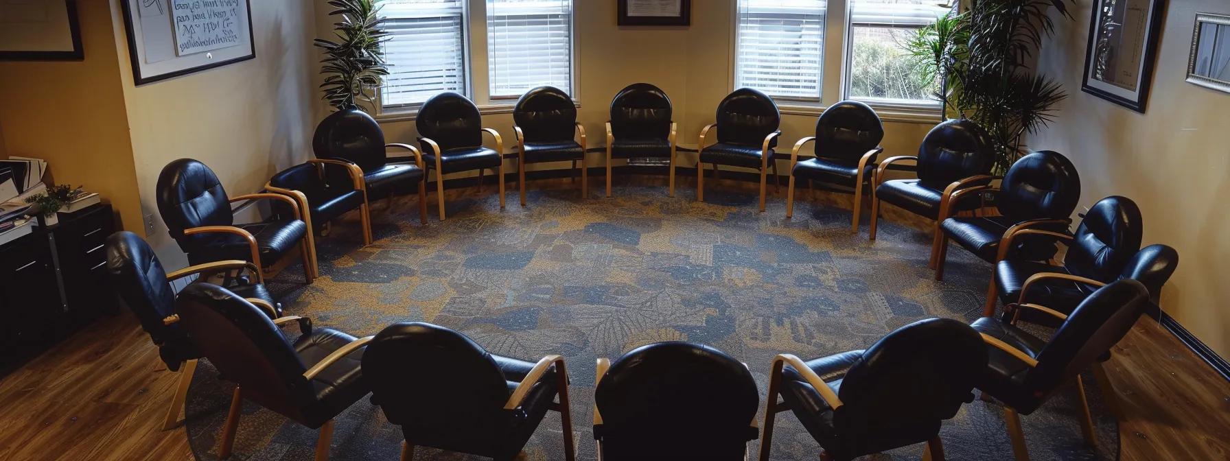 a warm and inviting group therapy room in massachusetts, featuring a circle of chairs filled with attentive participants engaged in a supportive discussion about aftercare for benzodiazepine addiction recovery. a warm and inviting group therapy room in massachusetts, featuring a circle of chairs filled with attentive participants engaged in a supportive discussion about aftercare for benzodiazepine addiction recovery.