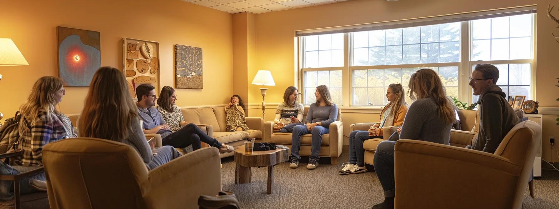 a warm and inviting therapy room in massachusetts, filled with soft, ambient lighting and comfortable seating, showcases a diverse group engaged in a compassionate addiction recovery session, emphasizing community support and healing.
