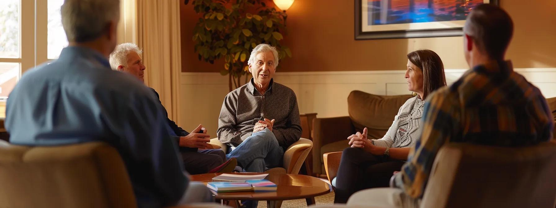a warm, inviting group therapy session in a cozy massachusetts rehab center, featuring individuals engaged in compassionate discussion, fostering a sense of community and support amid a structured environment. a warm, inviting group therapy session in a cozy massachusetts rehab center, featuring individuals engaged in compassionate discussion, fostering a sense of community and support amid a structured environment.
