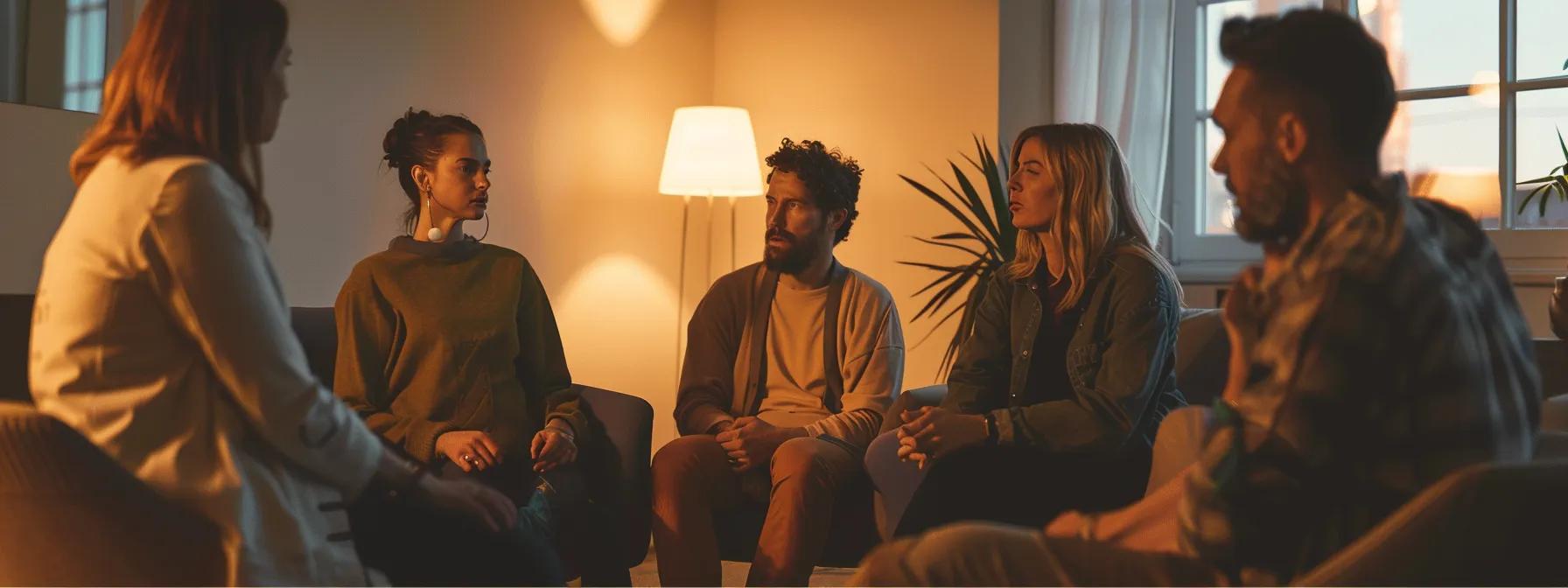 Benzo addiction treatment in MA | an intimate group therapy session in a softly lit massachusetts office features a circle of attentive individuals, expressing their struggles with benzo addiction, each person engaged in a heartfelt exchange that radiates vulnerability and support.