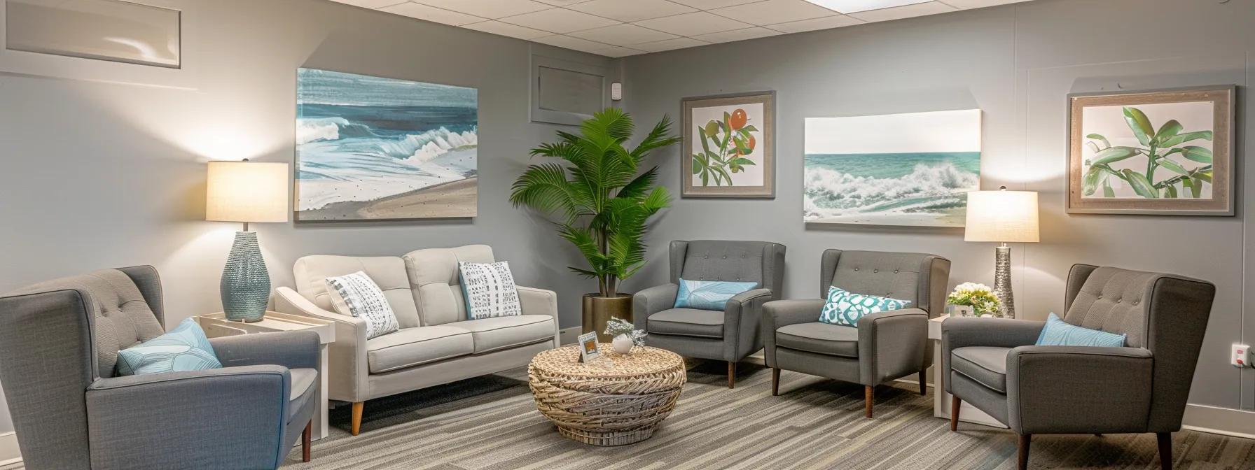 a serene and professional consultation room in an addiction treatment center in massachusetts, featuring modern furnishings, calming colors, and motivational posters on the walls, designed to evoke a sense of safety and hope for recovery.
