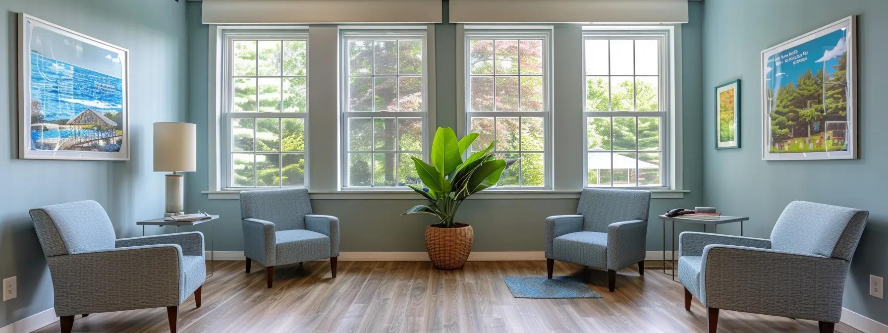a serene and professional consultation room in an addiction treatment center in massachusetts, featuring modern furnishings, calming colors, and motivational posters on the walls, designed to evoke a sense of safety and hope for recovery.