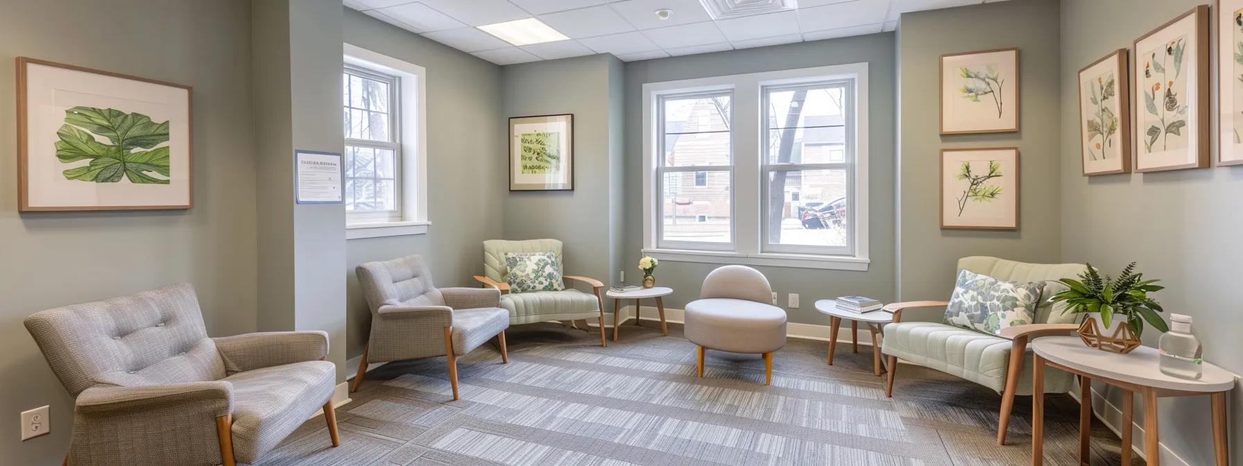 a serene and professional consultation room in an addiction treatment center in massachusetts, featuring modern furnishings, calming colors, and motivational posters on the walls, designed to evoke a sense of safety and hope for recovery.