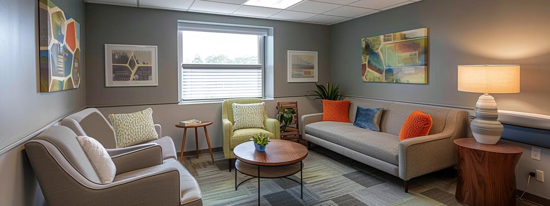 a serene and professional consultation room in an addiction treatment center in massachusetts, featuring modern furnishings, calming colors, and motivational posters on the walls, designed to evoke a sense of safety and hope for recovery.