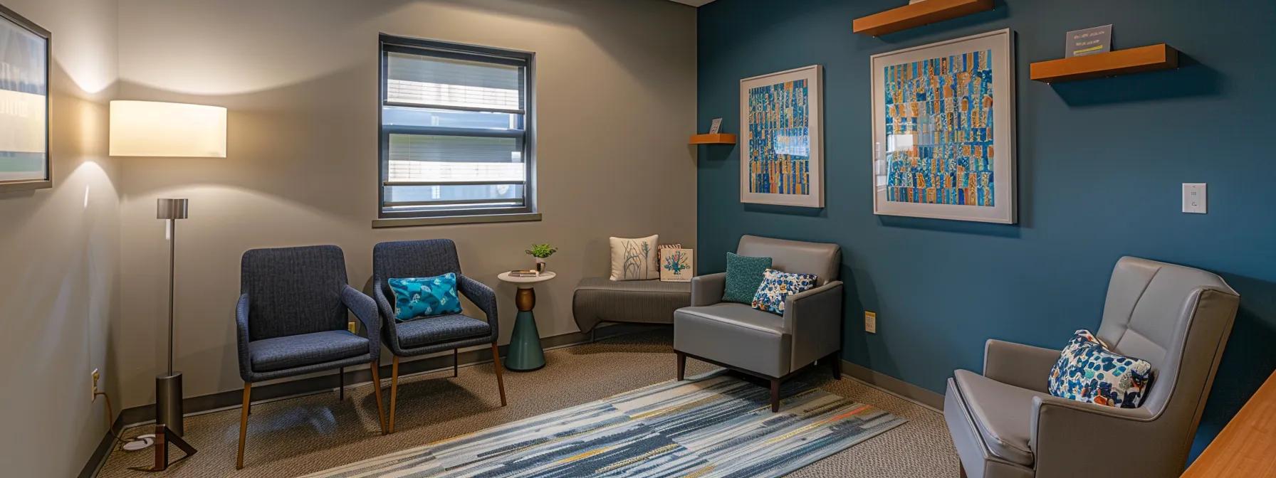 a serene and professional consultation room in an addiction treatment center in massachusetts, featuring modern furnishings, calming colors, and motivational posters on the walls, designed to evoke a sense of safety and hope for recovery.