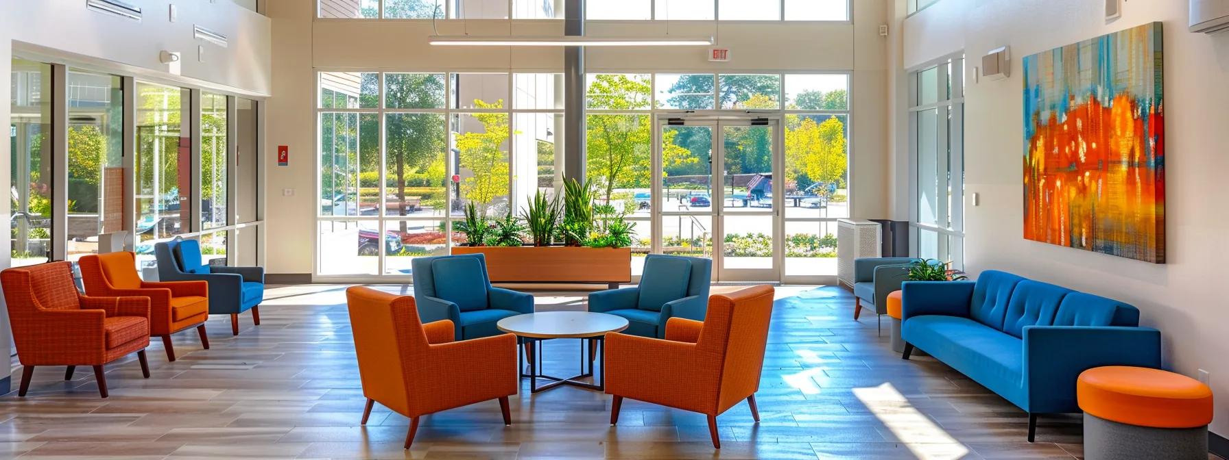 a brightly lit and welcoming addiction treatment center in massachusetts, featuring modern design elements and comfortable spaces that foster healing and community for individuals engaging in rehabilitation aftercare services. a brightly lit and welcoming addiction treatment center in massachusetts, featuring modern design elements and comfortable spaces that foster healing and community for individuals engaging in rehabilitation aftercare services.