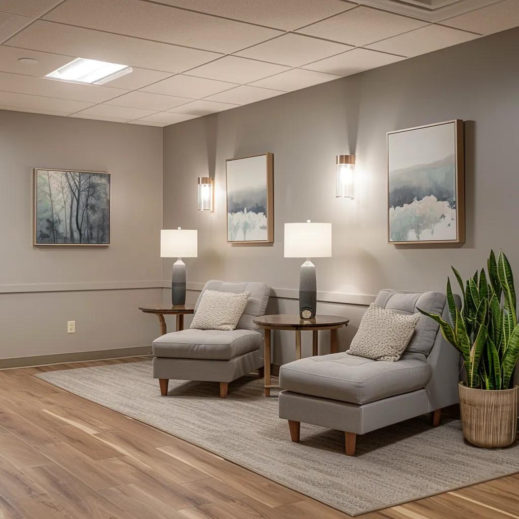 a serene and modern addiction treatment facility interior, featuring welcoming therapy rooms adorned with soft lighting and comfortable furnishings, conveying a sense of hope and healing.