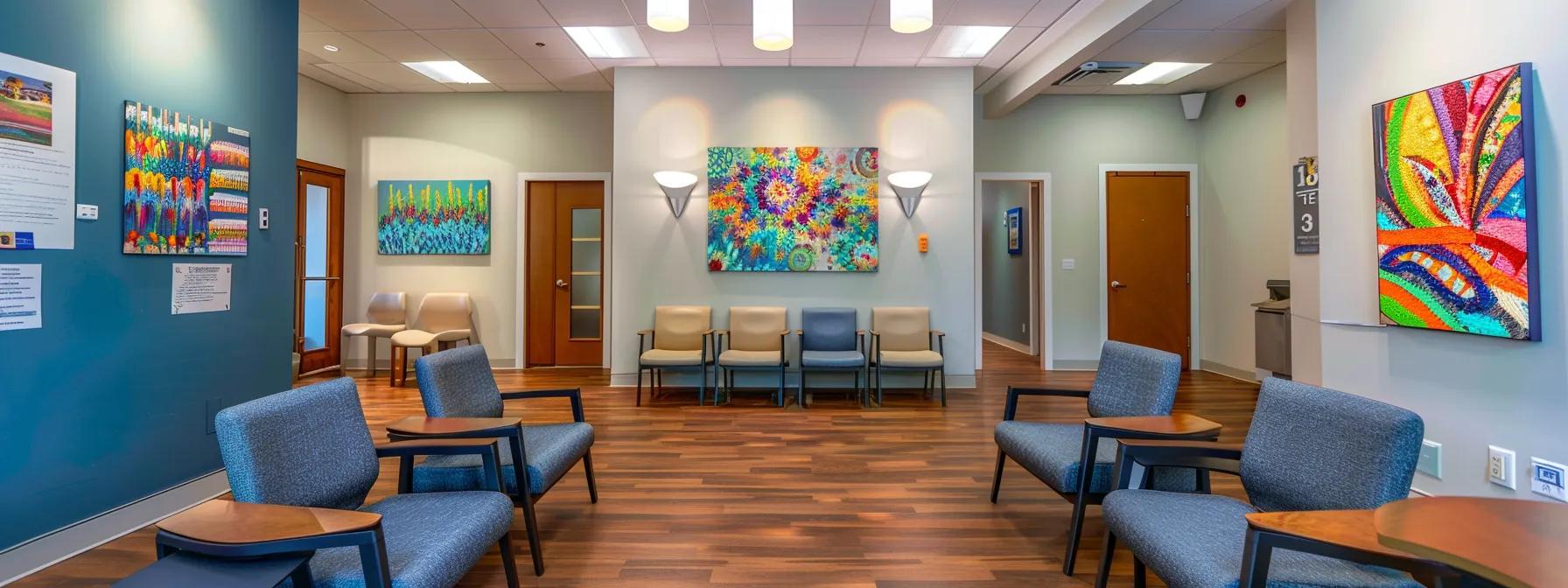 a sleek, modern treatment center in massachusetts, featuring a welcoming waiting area with comfortable seating, vibrant artwork on the walls, and informational brochures about diverse addiction treatment options displayed prominently, illuminated by warm, inviting overhead lighting. a sleek, modern treatment center in massachusetts, featuring a welcoming waiting area with comfortable seating, vibrant artwork on the walls, and informational brochures about diverse addiction treatment options displayed prominently, illuminated by warm, inviting overhead lighting.