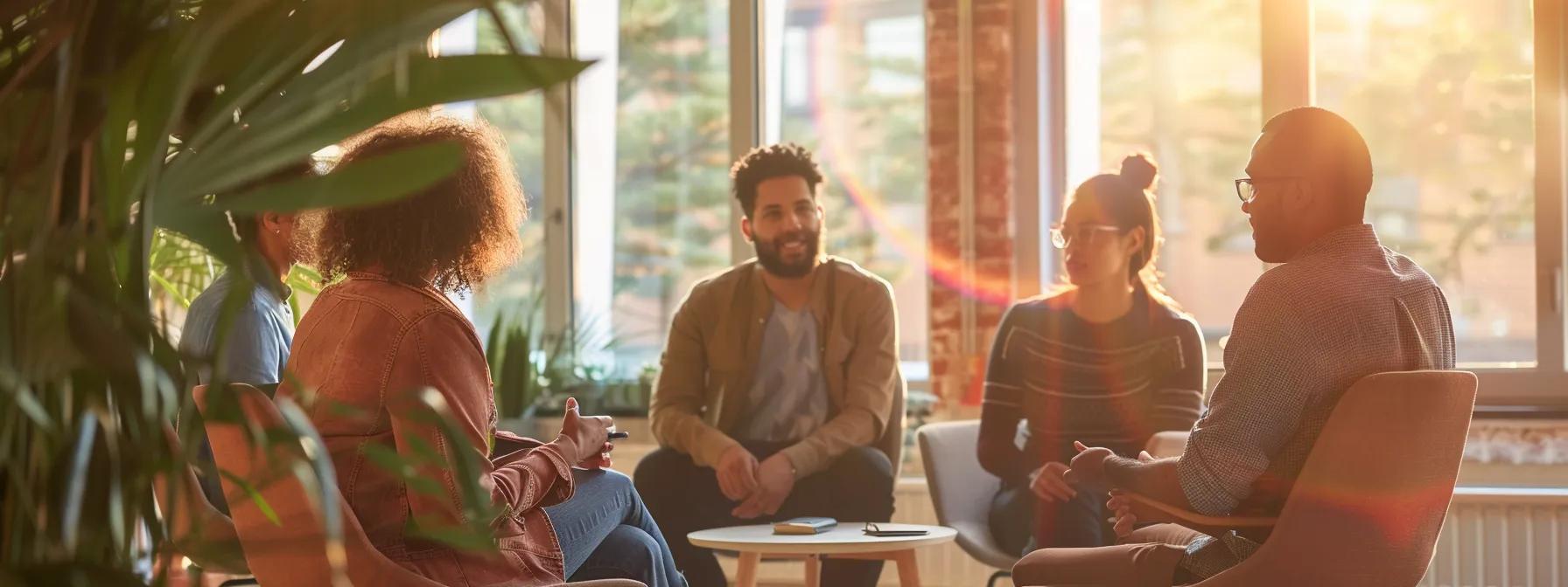 a warm, inviting group therapy session unfolds in a well-lit massachusetts office, with diverse individuals engaged in open dialogue, seated in a circle surrounded by supportive visuals highlighting the path to accessible rehab programs. a warm, inviting group therapy session unfolds in a well-lit massachusetts office, with diverse individuals engaged in open dialogue, seated in a circle surrounded by supportive visuals highlighting the path to accessible rehab programs.